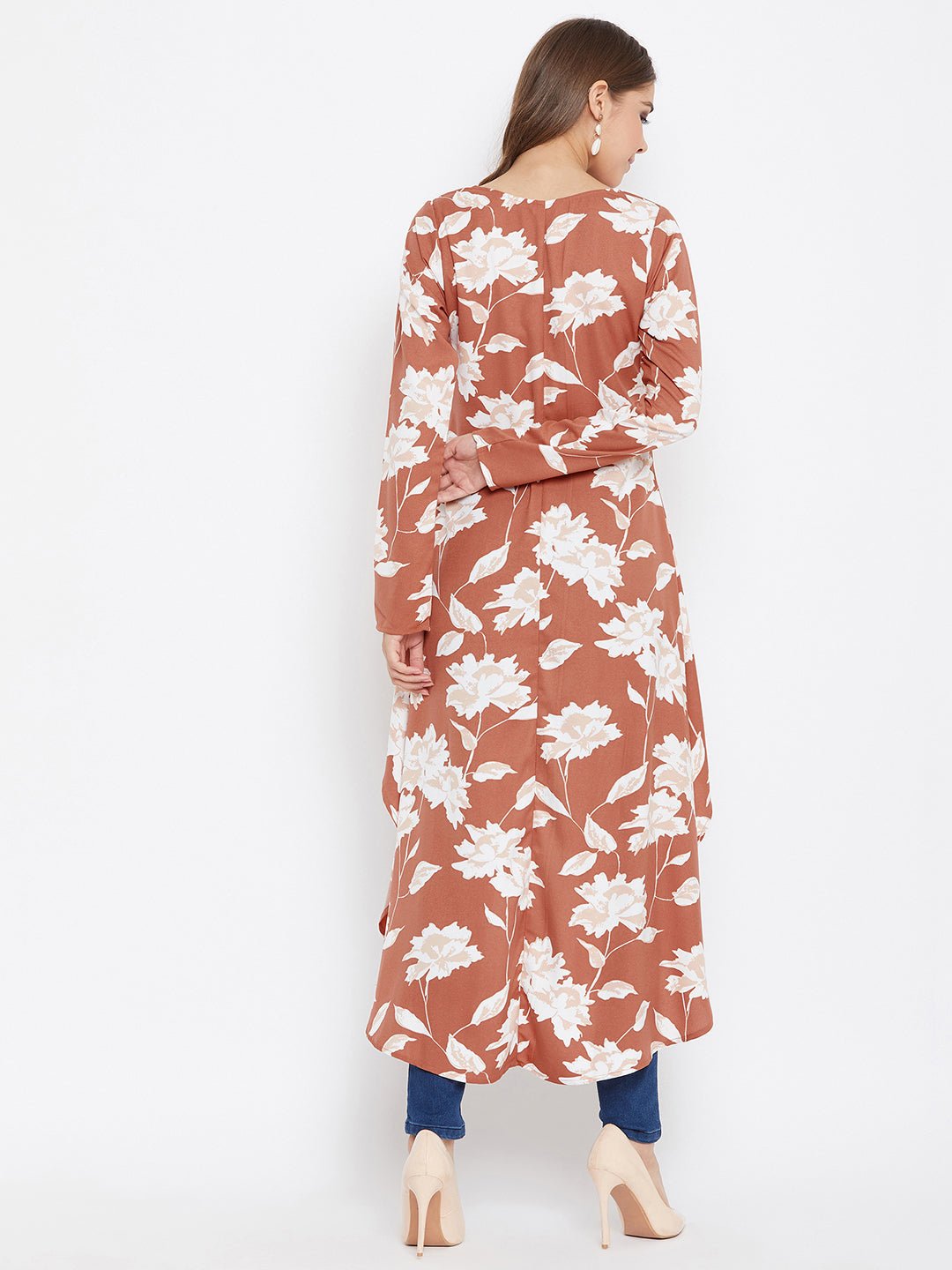 Folk Republic Women Brown & White Floral Printed High-Low Longline Top - #folk republic#