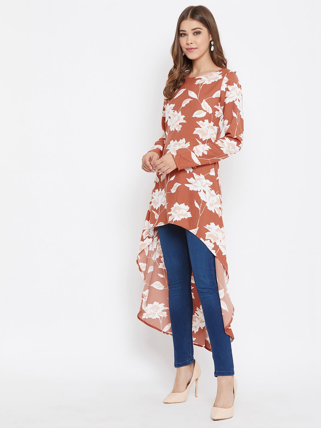 Folk Republic Women Brown & White Floral Printed High-Low Longline Top - #folk republic#