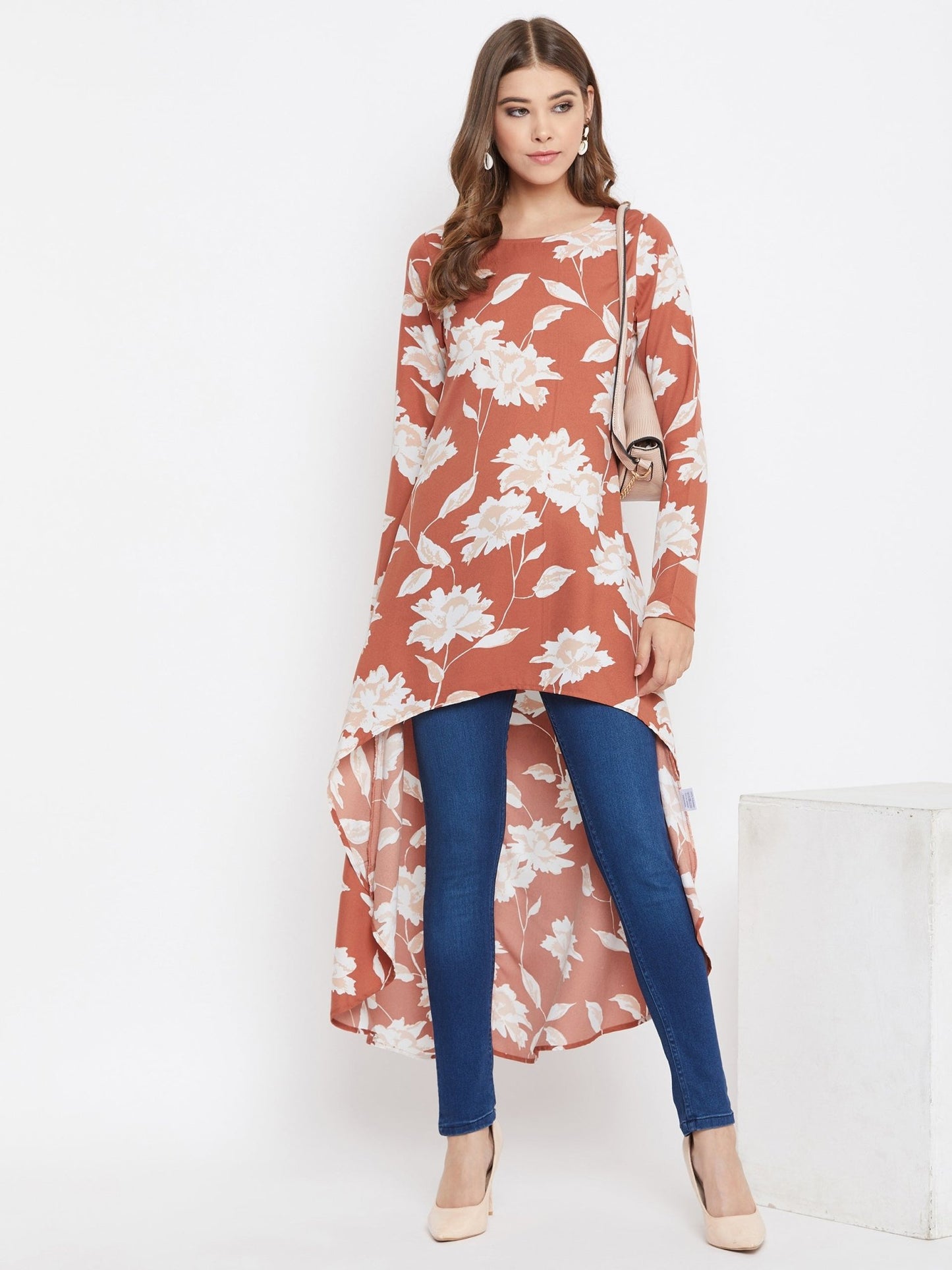 Folk Republic Women Brown & White Floral Printed High-Low Longline Top - #folk republic#