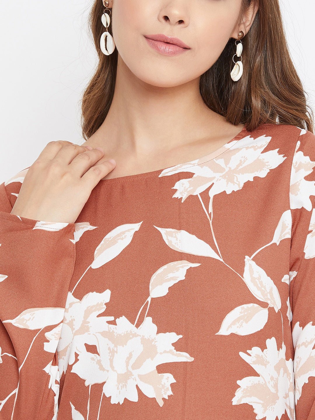 Folk Republic Women Brown & White Floral Printed High-Low Longline Top - #folk republic#