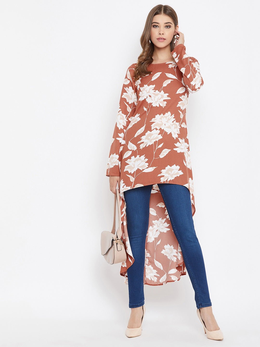 Folk Republic Women Brown & White Floral Printed High-Low Longline Top - #folk republic#
