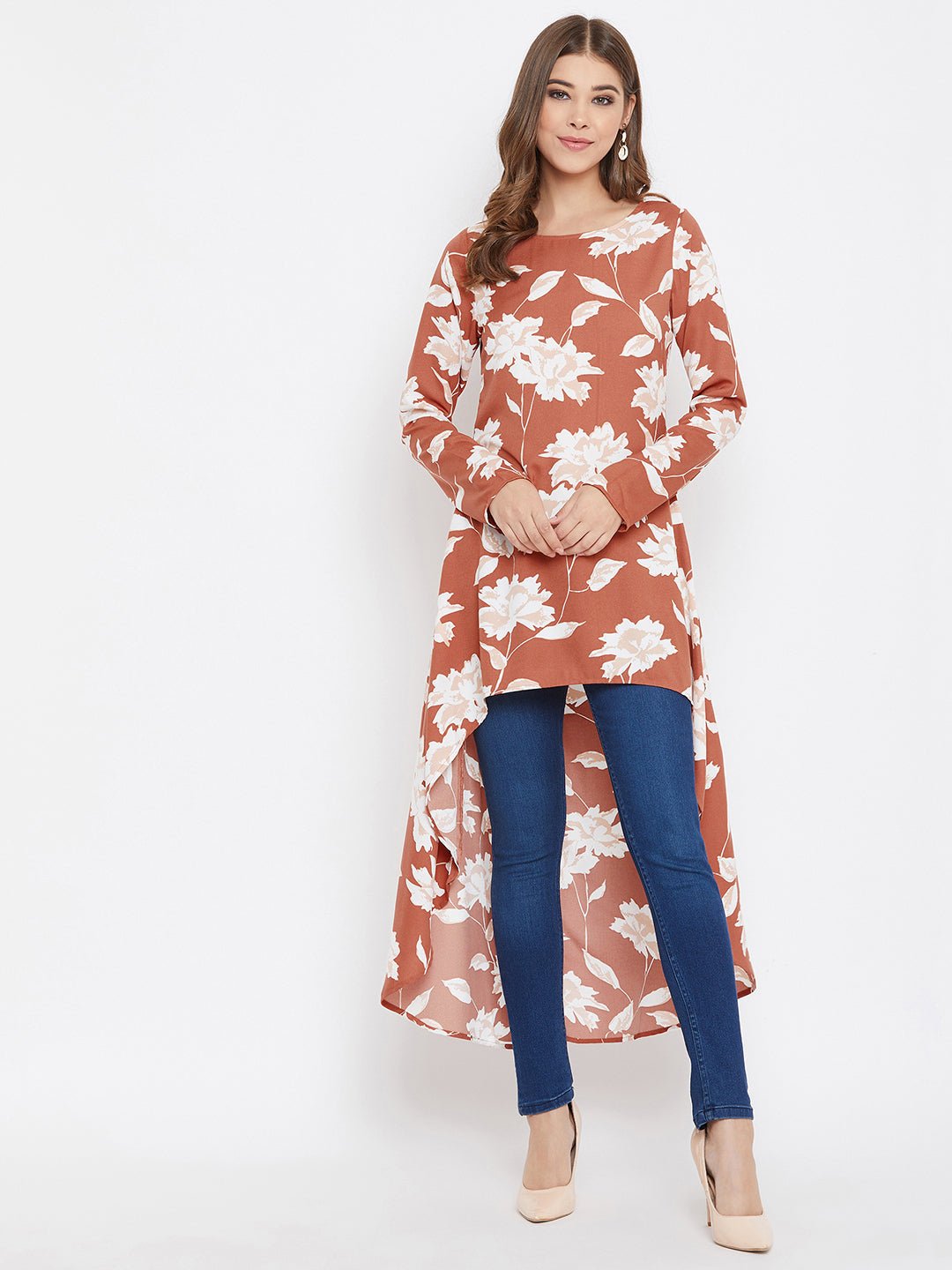 Folk Republic Women Brown & White Floral Printed High-Low Longline Top - #folk republic#