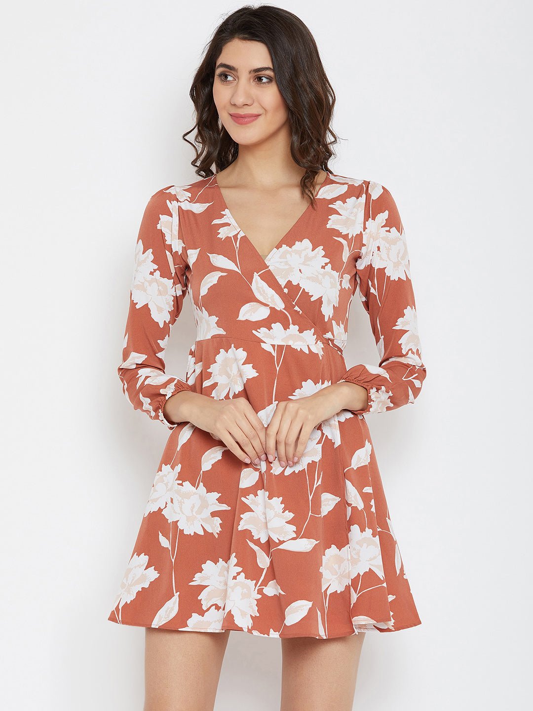 Folk Republic Women Brown & White Floral Printed V-Neck Fit & Flare Wrap Mini Dress - #folk republic#