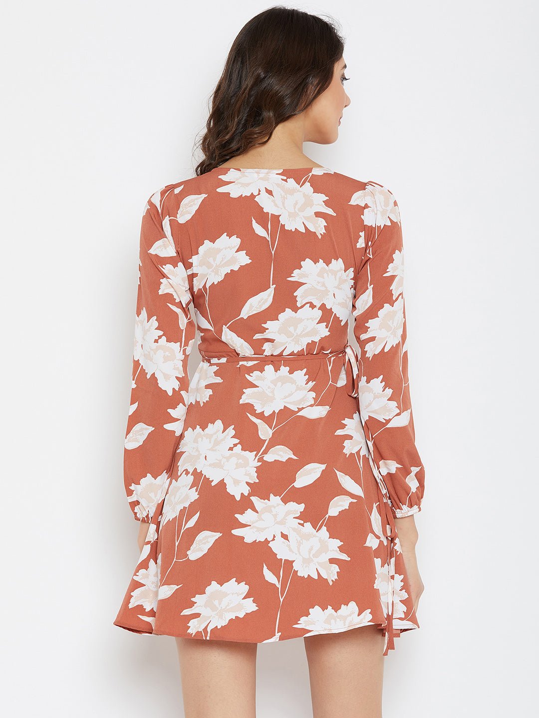 Folk Republic Women Brown & White Floral Printed V-Neck Fit & Flare Wrap Mini Dress - #folk republic#