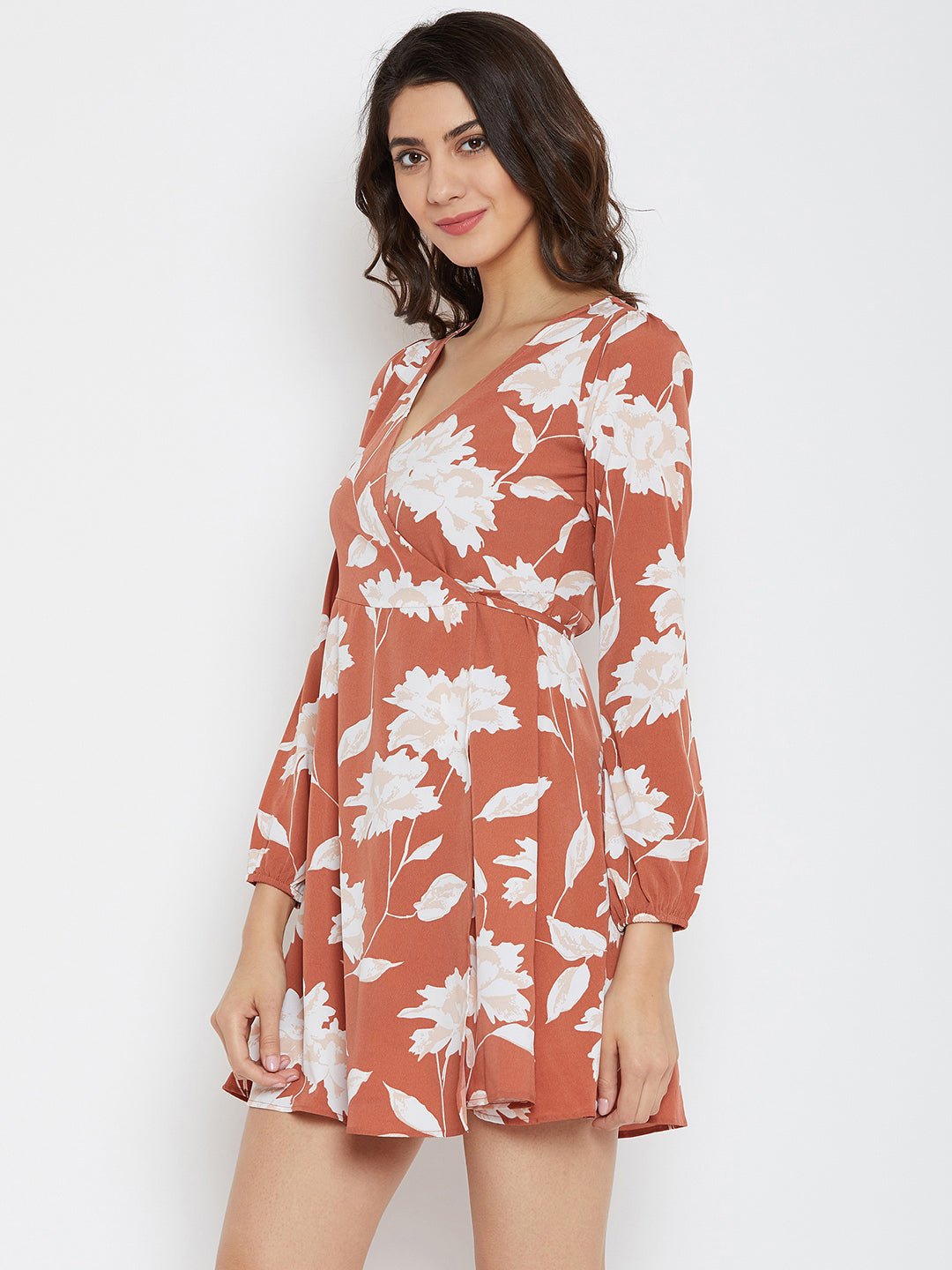 Folk Republic Women Brown & White Floral Printed V-Neck Fit & Flare Wrap Mini Dress - #folk republic#