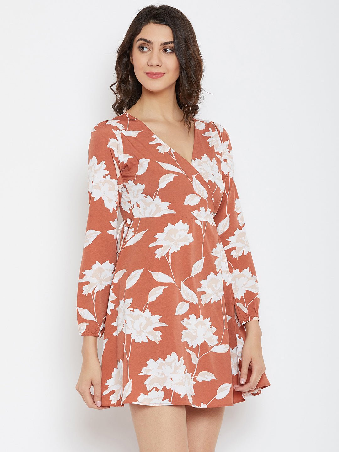Folk Republic Women Brown & White Floral Printed V-Neck Fit & Flare Wrap Mini Dress - #folk republic#