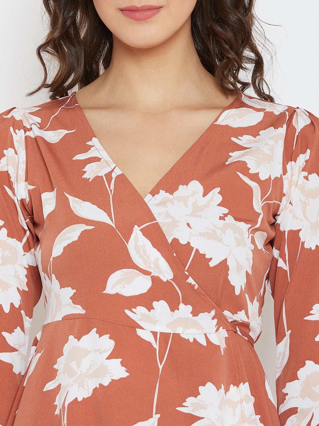 Folk Republic Women Brown & White Floral Printed V-Neck Fit & Flare Wrap Mini Dress - #folk republic#