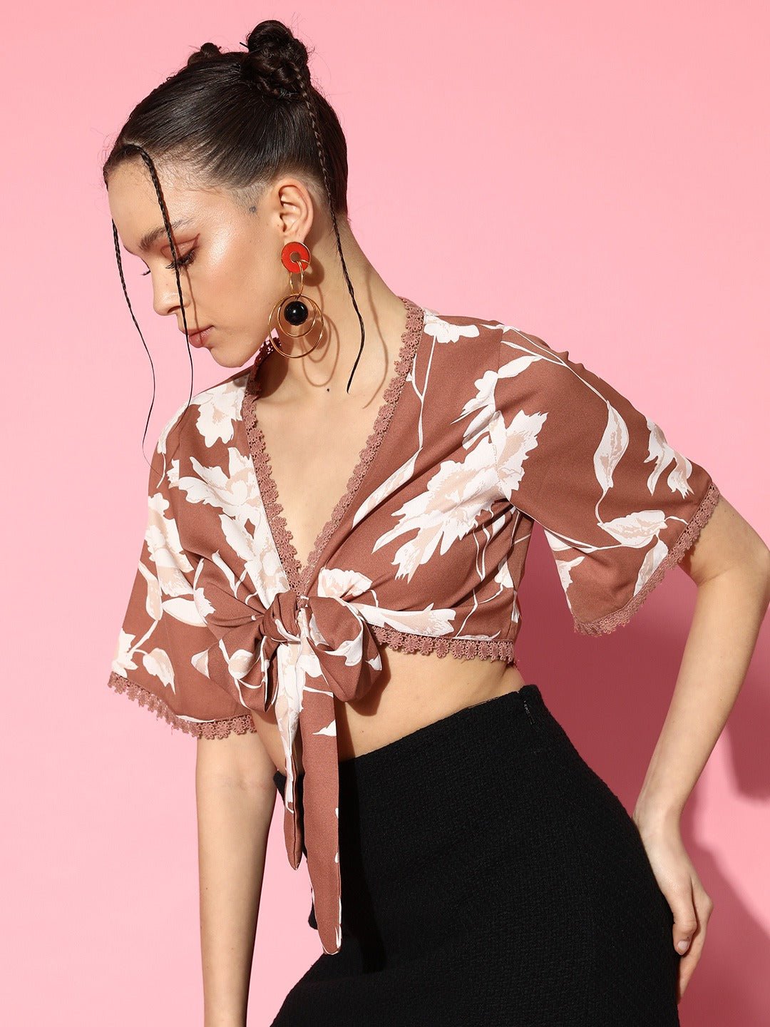 Folk Republic Women Brown & White Floral Printed V-Neck Lace Waist Tie-Up Crepe Cropped Top - #folk republic#