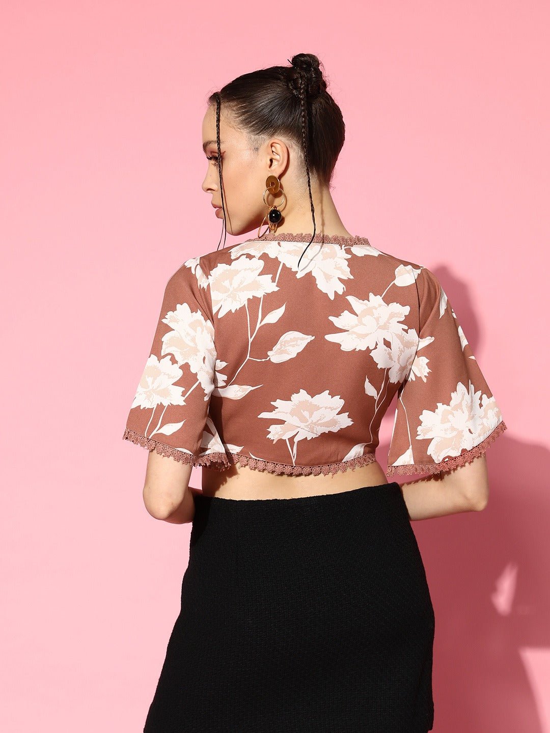 Folk Republic Women Brown & White Floral Printed V-Neck Lace Waist Tie-Up Crepe Cropped Top - #folk republic#