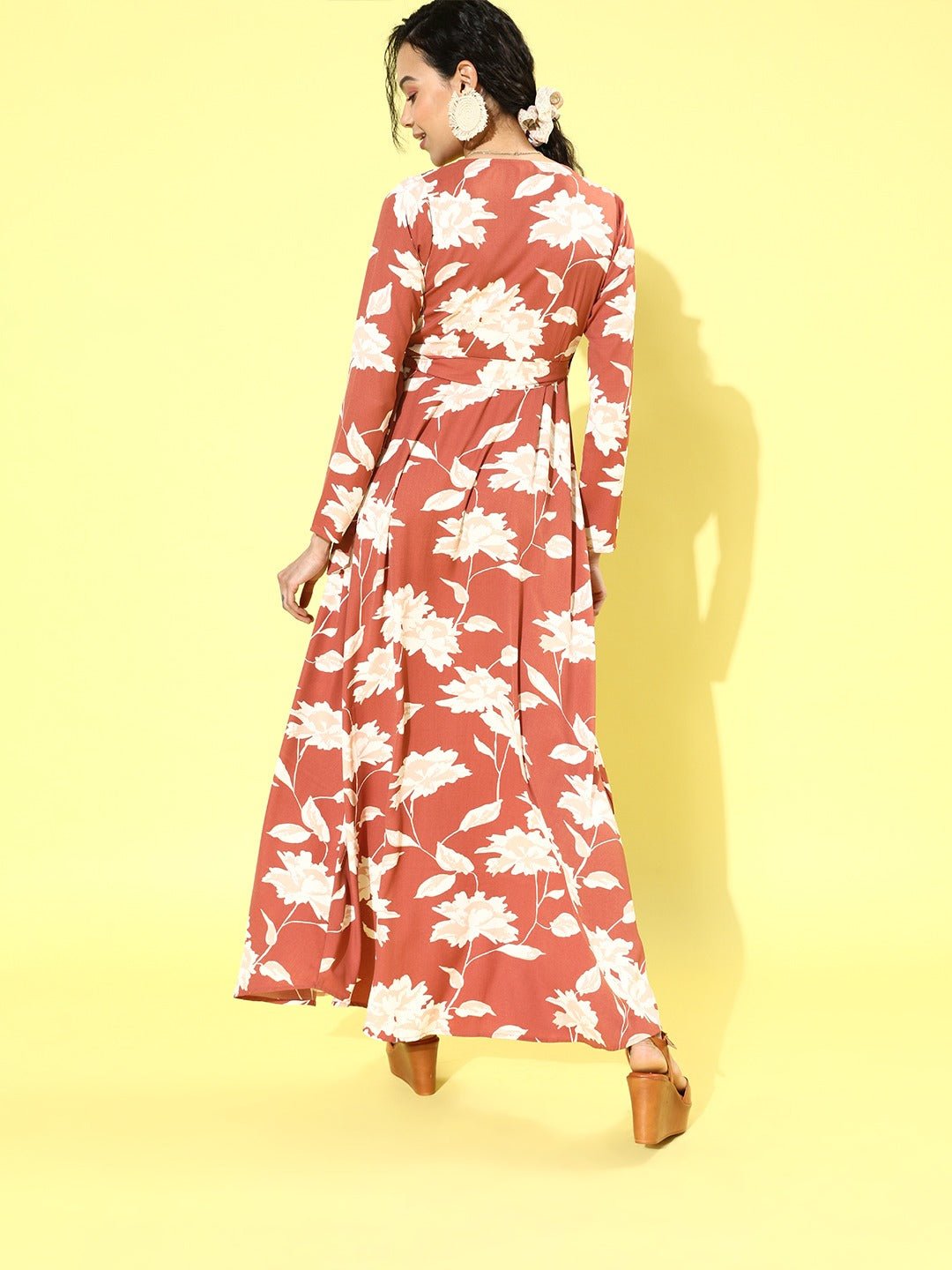Folk Republic Women Brown & White Floral Printed V-Neck Thigh-High Slit Flared Maxi Dress - #folk republic#