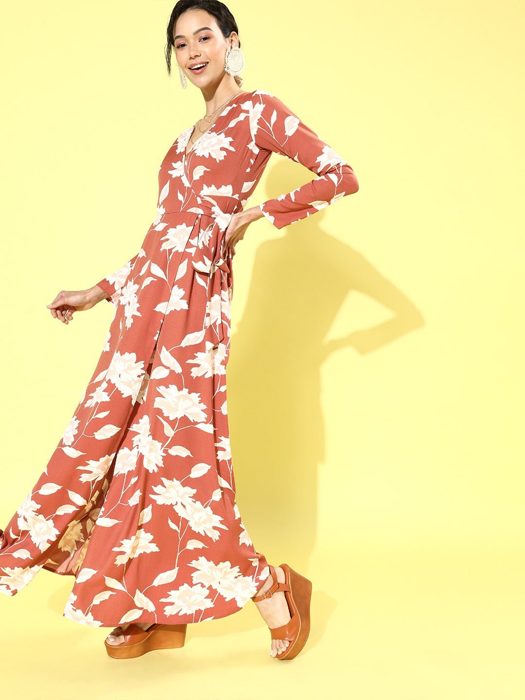 Folk Republic Women Brown & White Floral Printed V-Neck Thigh-High Slit Flared Maxi Dress - #folk republic#