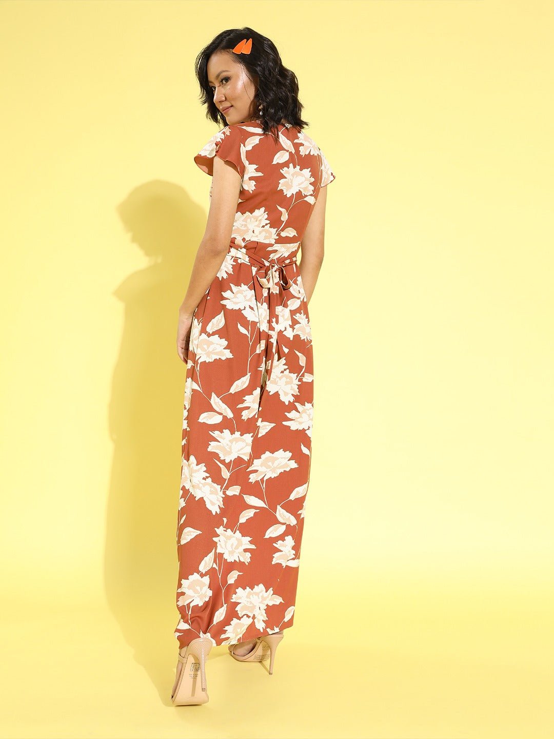 Folk Republic Women Brown & White Floral Printed V-Neck Tie-Up Thigh-High Slit Flared Wrap Maxi Dress - #folk republic#