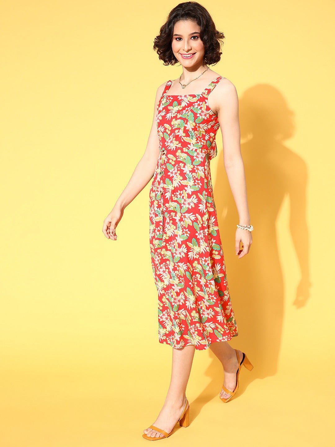 Folk Republic Women Coral & Green Floral Printed Square Neck Tie-Up Back Flared A-Line Midi Dress - #folk republic#