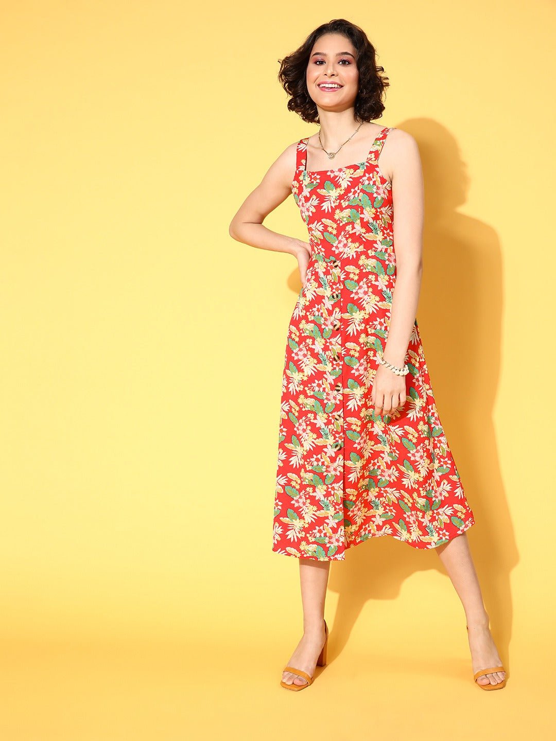 Folk Republic Women Coral & Green Floral Printed Square Neck Tie-Up Back Flared A-Line Midi Dress - #folk republic#