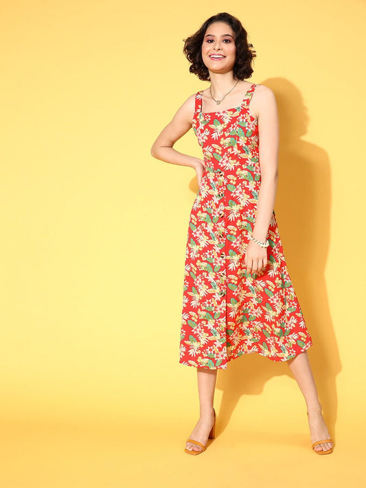 Folk Republic Women Coral & Green Floral Printed Square Neck Tie-Up Back Flared A-Line Midi Dress - #folk republic#