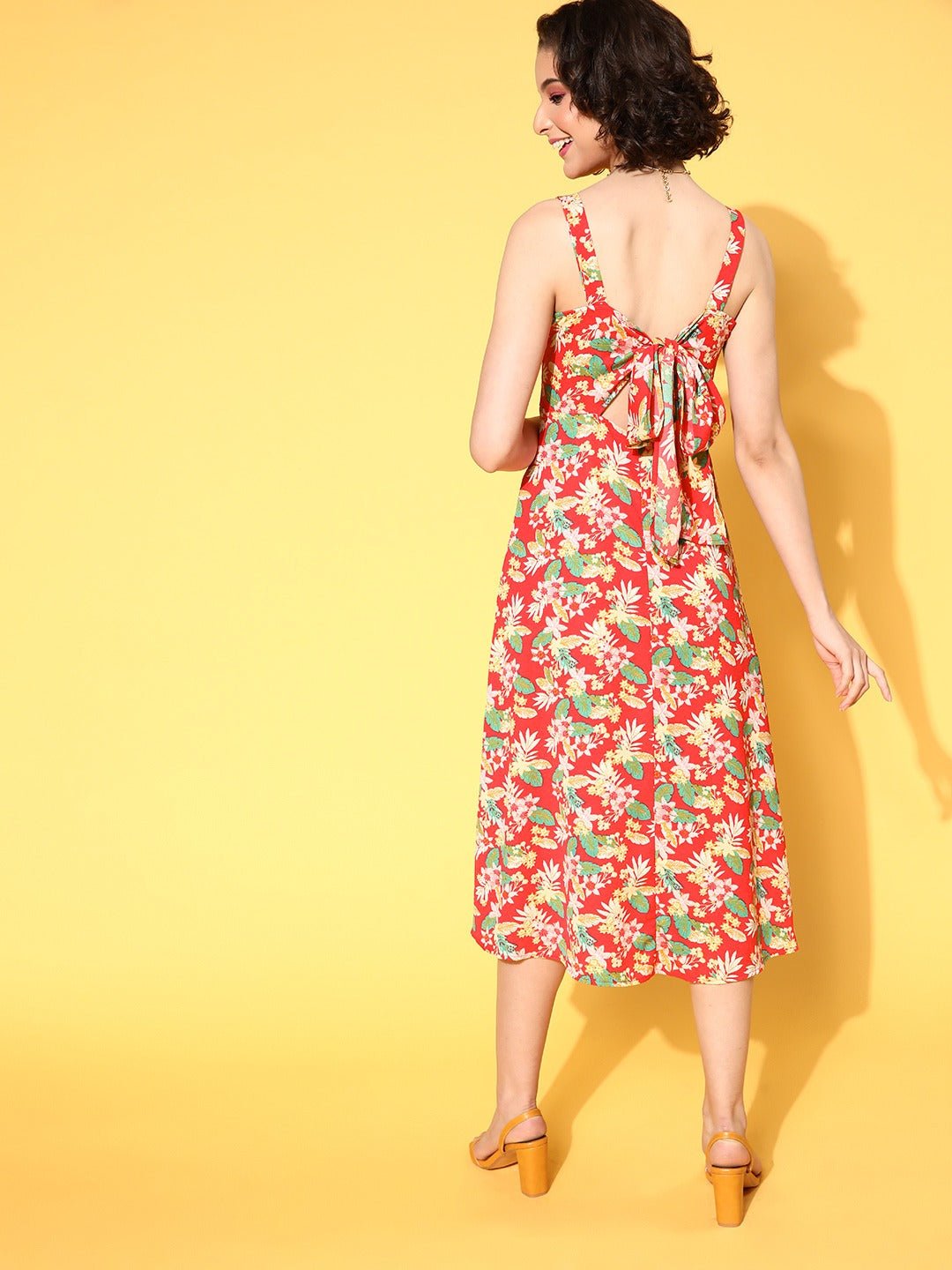 Folk Republic Women Coral & Green Floral Printed Square Neck Tie-Up Back Flared A-Line Midi Dress - #folk republic#