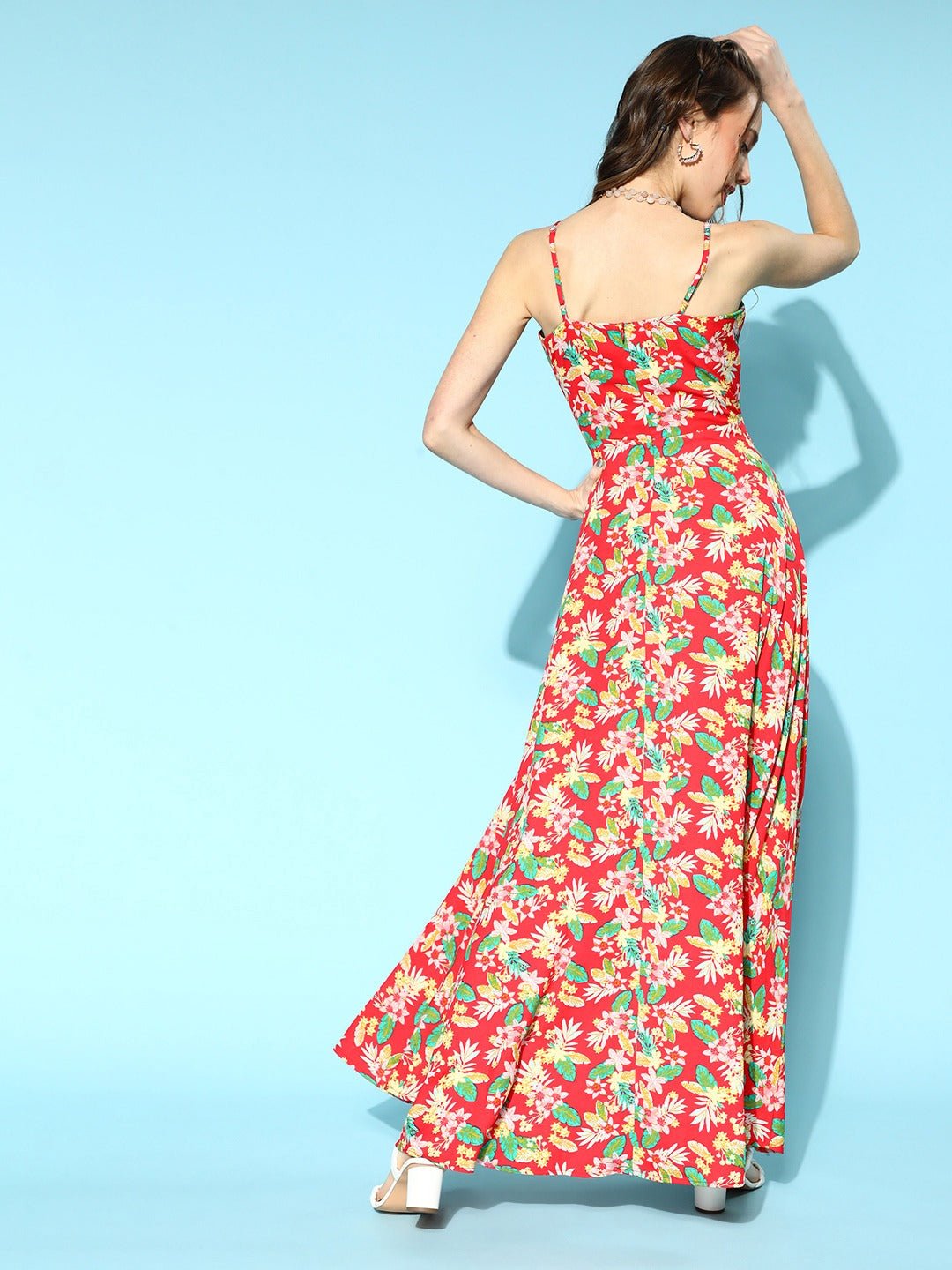 Folk Republic Women Coral & Green Floral Printed V-Neck Thigh-High Slit Crepe Flared Maxi Dress - #folk republic#