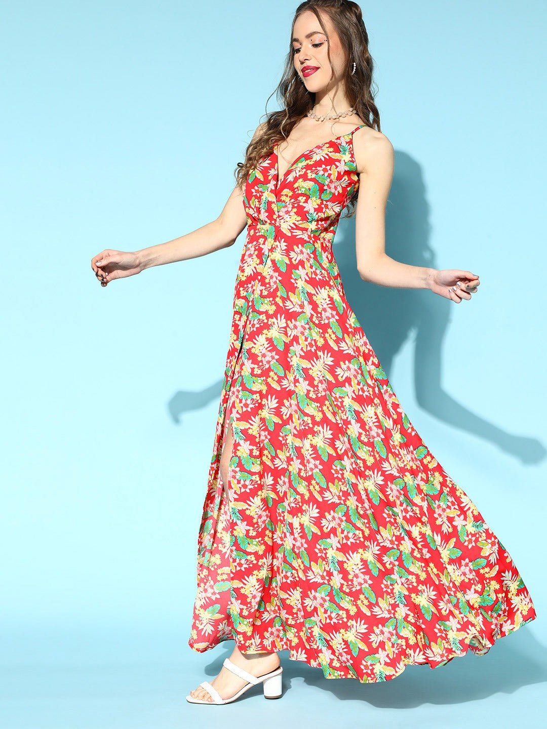 Folk Republic Women Coral & Green Floral Printed V-Neck Thigh-High Slit Crepe Flared Maxi Dress - #folk republic#