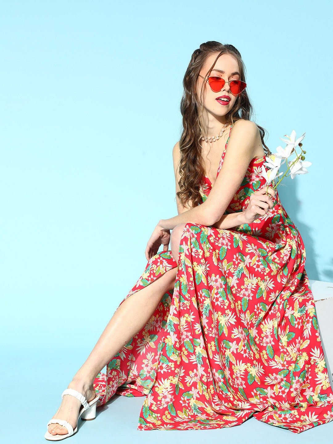 Folk Republic Women Coral & Green Floral Printed V-Neck Thigh-High Slit Crepe Flared Maxi Dress - #folk republic#
