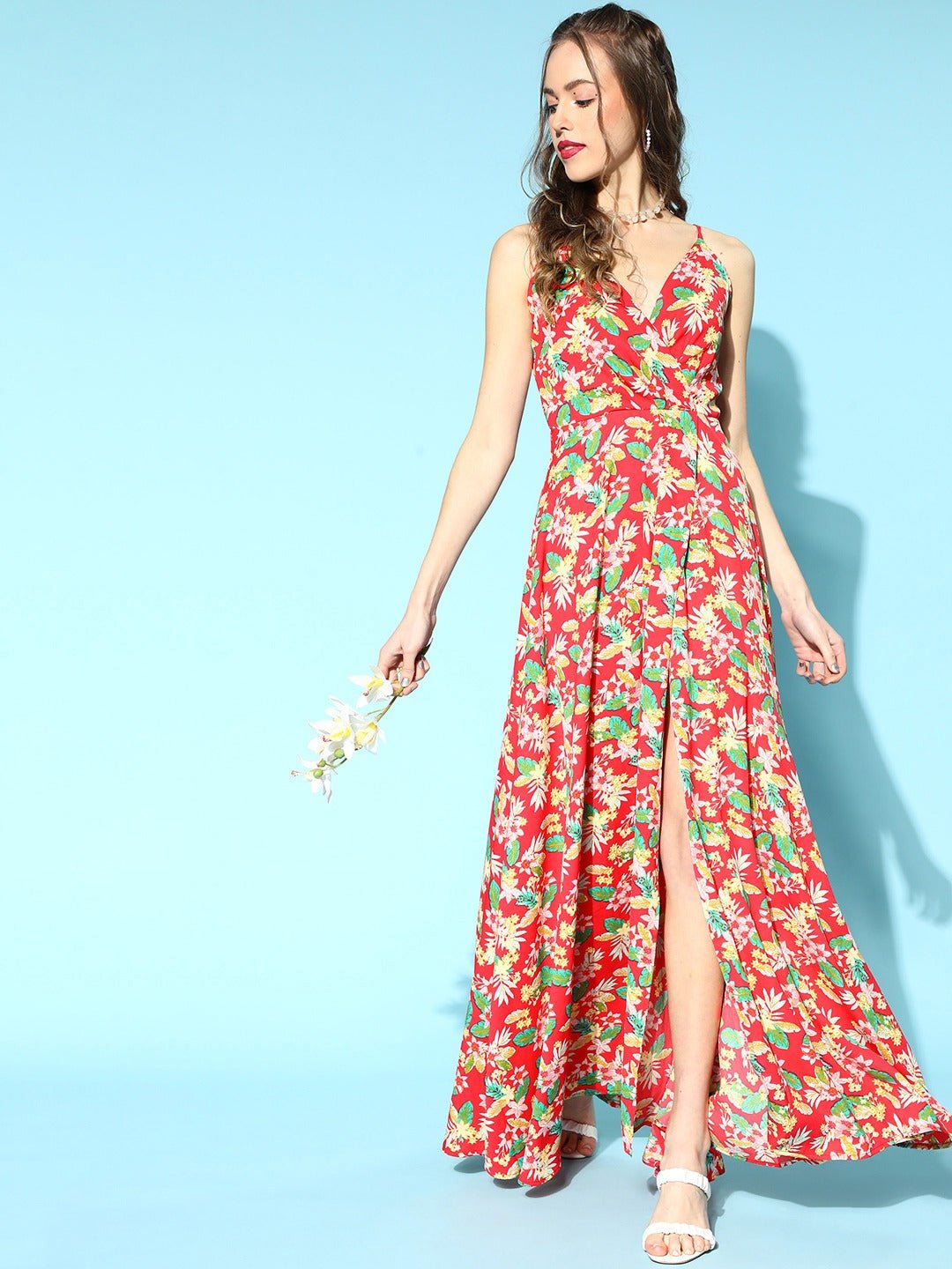Folk Republic Women Coral & Green Floral Printed V-Neck Thigh-High Slit Crepe Flared Maxi Dress - #folk republic#