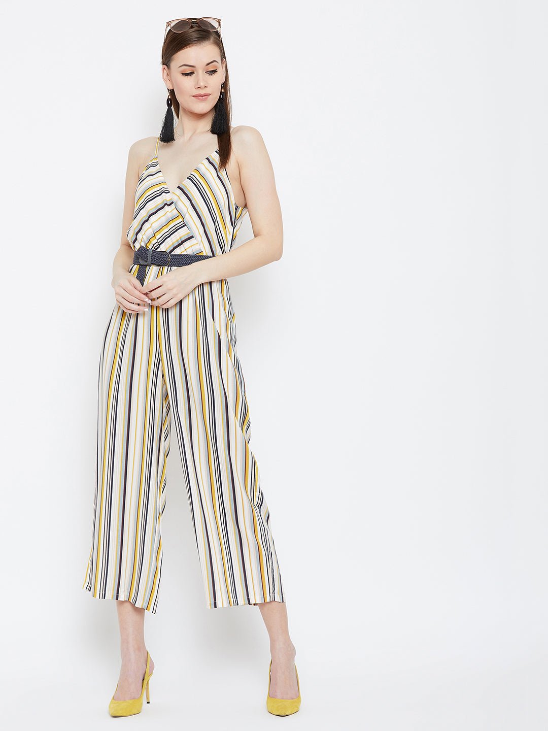 Folk Republic Women Cream & Multicolour Striped Patterned V-Neck Layered Wrap Jumpsuit - #folk republic#
