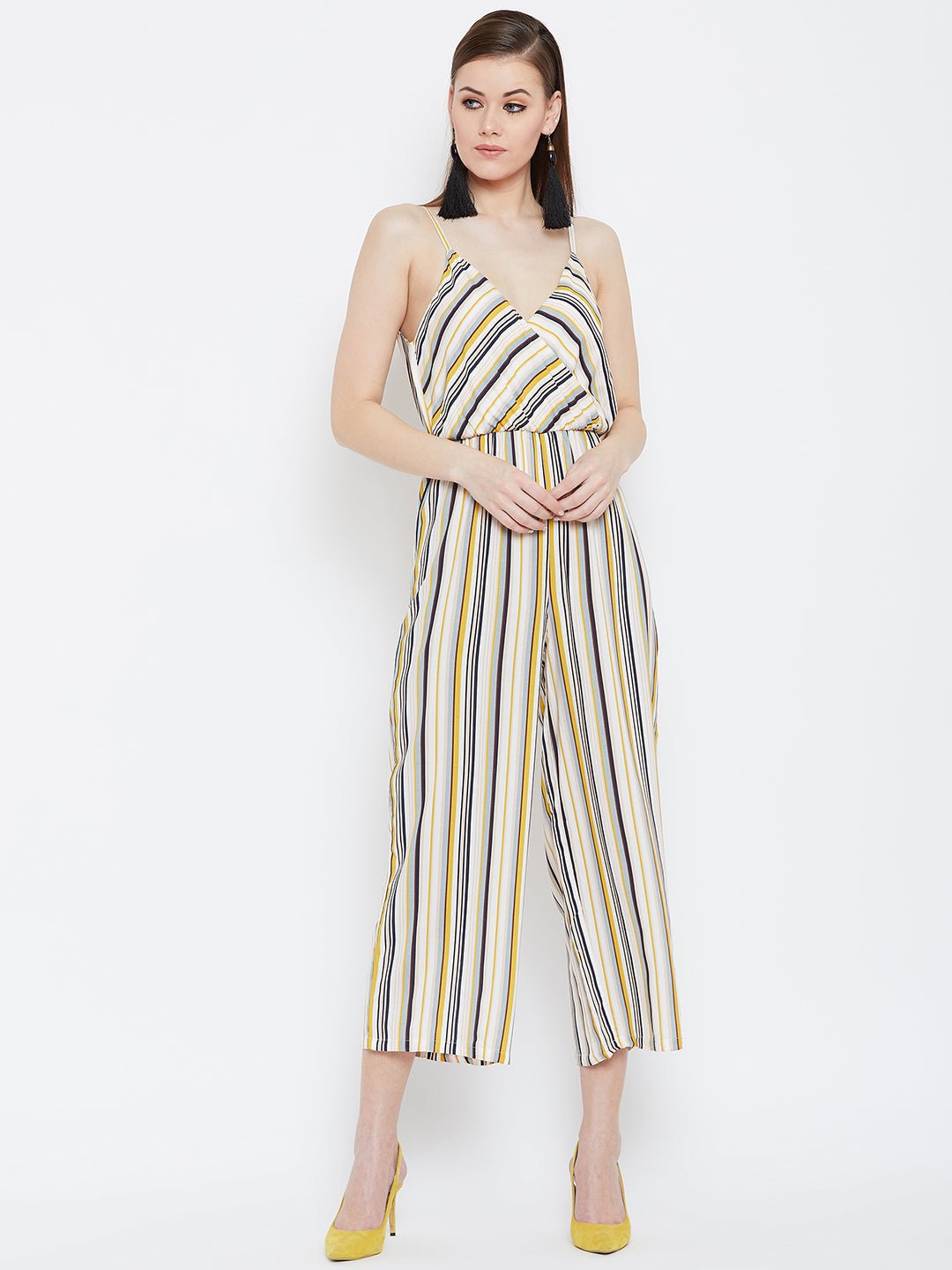 Folk Republic Women Cream & Multicolour Striped Patterned V-Neck Layered Wrap Jumpsuit - #folk republic#