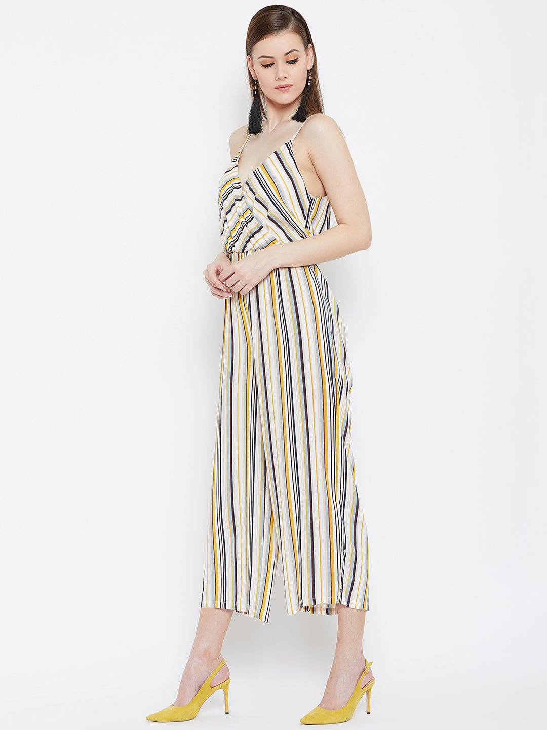 Folk Republic Women Cream & Multicolour Striped Patterned V-Neck Layered Wrap Jumpsuit - #folk republic#