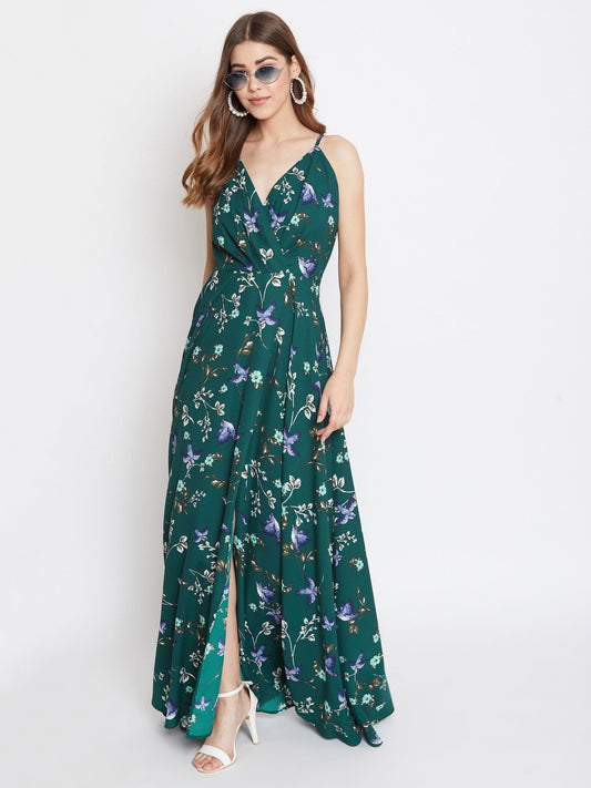 Folk Republic Women Dark Green & Off-White Floral Printed V-Neck Thigh-High Slit Fit & Flare Maxi Dress - #folk republic#