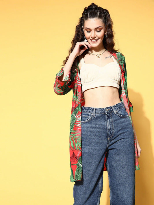 Folk Republic Women Deep Red & Green Floral Printed Open Front Straight Hem Longline Shrug - #folk republic#