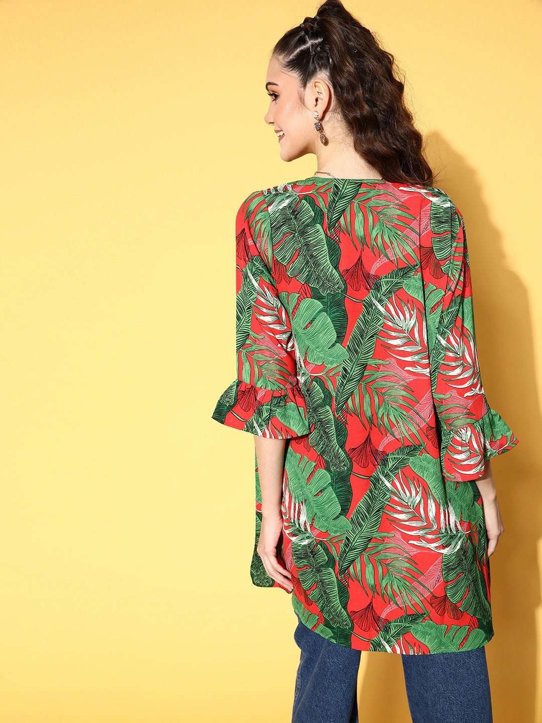 Folk Republic Women Deep Red & Green Floral Printed Open Front Straight Hem Longline Shrug - #folk republic#