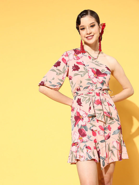 Folk Republic Women Dusty Pink & Red Floral Printed One-Shoulder Neck Waist Tie-Up Ruffled A-Line Mini Dress - #folk republic#