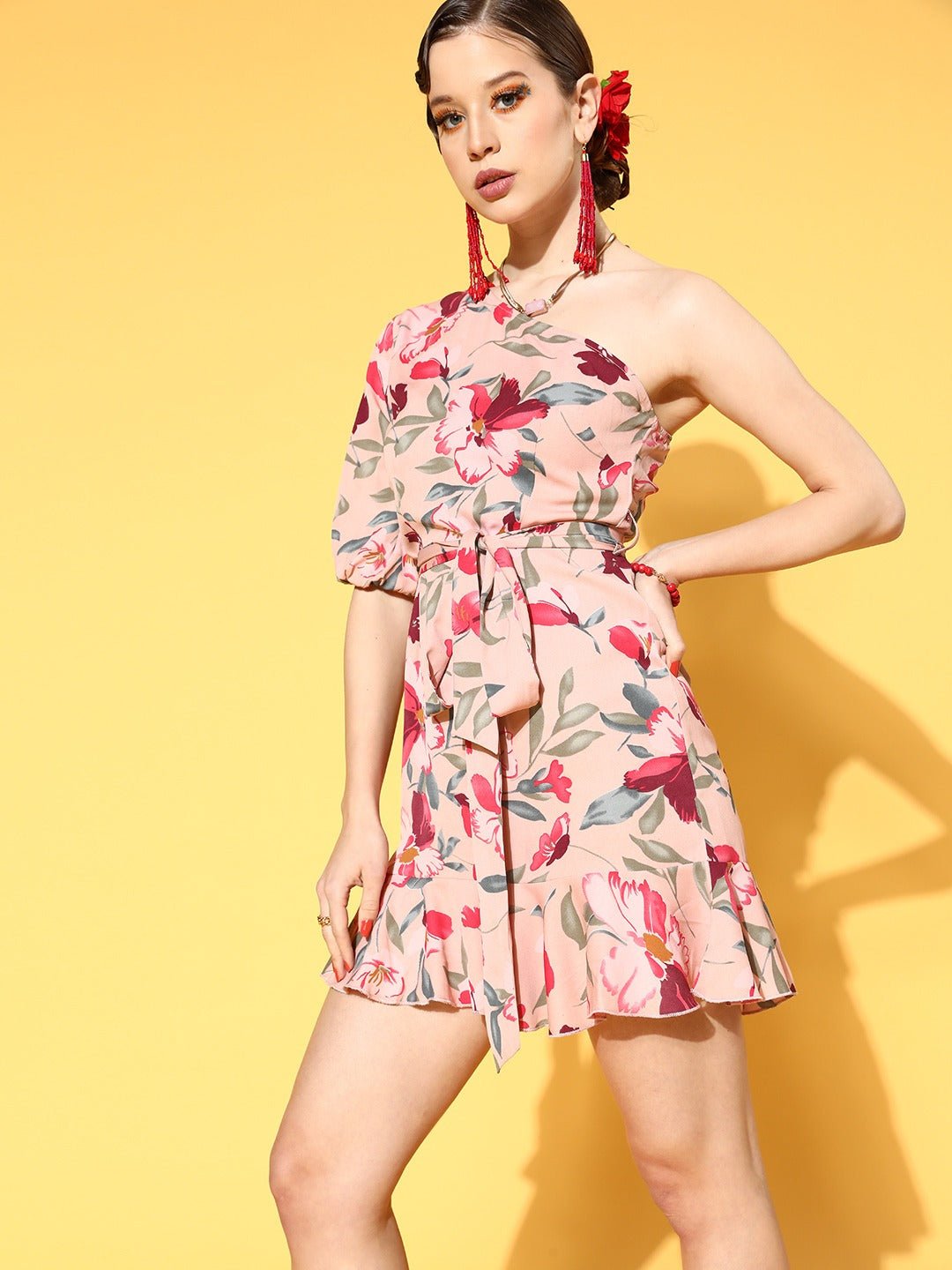 Folk Republic Women Dusty Pink & Red Floral Printed One-Shoulder Neck Waist Tie-Up Ruffled A-Line Mini Dress - #folk republic#