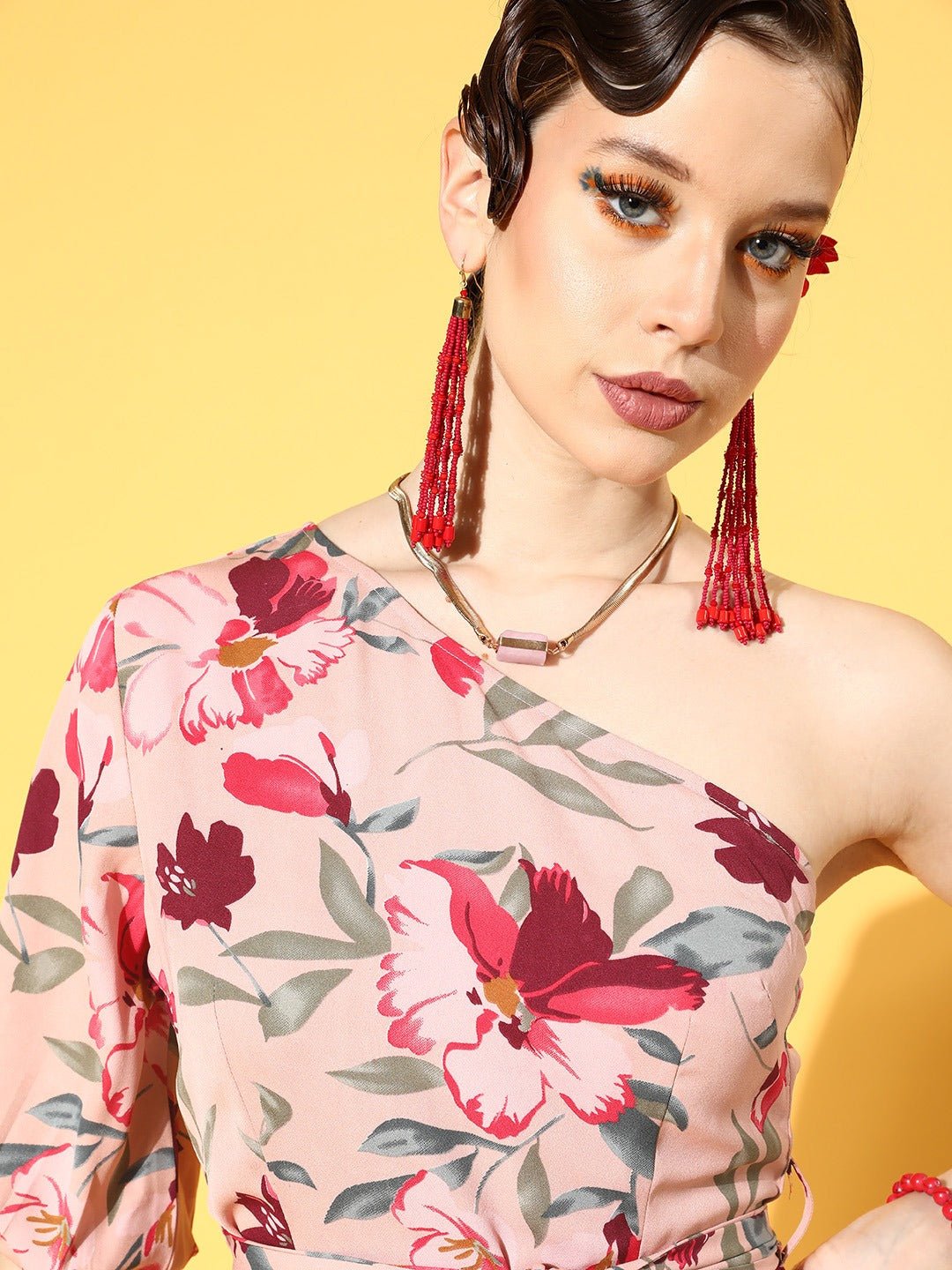 Folk Republic Women Dusty Pink & Red Floral Printed One-Shoulder Neck Waist Tie-Up Ruffled A-Line Mini Dress - #folk republic#