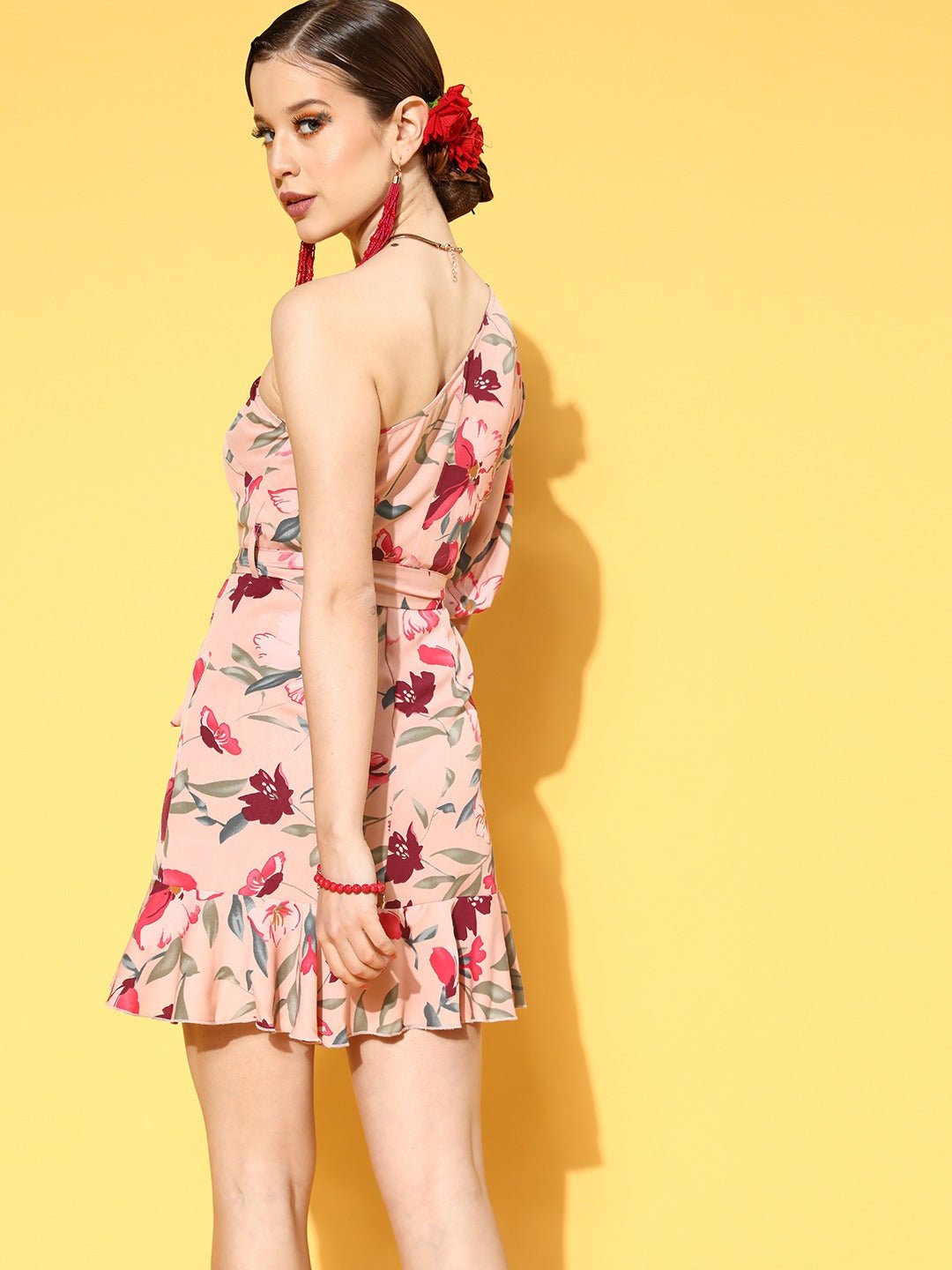 Folk Republic Women Dusty Pink & Red Floral Printed One-Shoulder Neck Waist Tie-Up Ruffled A-Line Mini Dress - #folk republic#