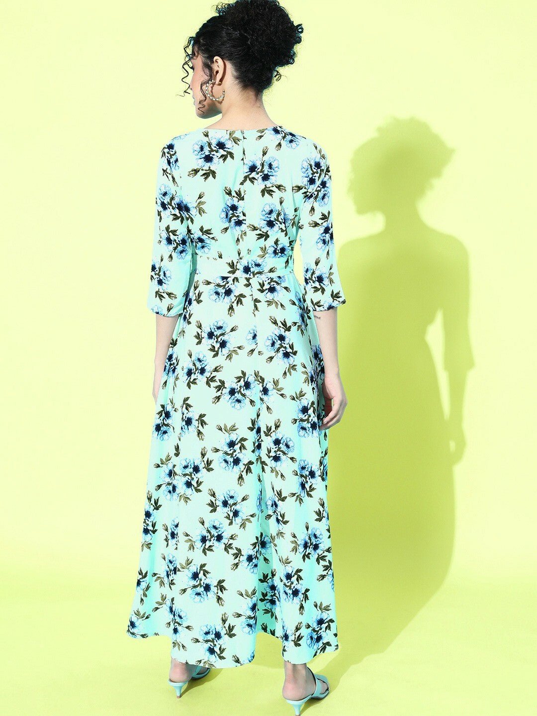 Folk Republic Women Green and Blue Floral Printed Round Neck Tie-Waist Maxi Dress - #folk republic#