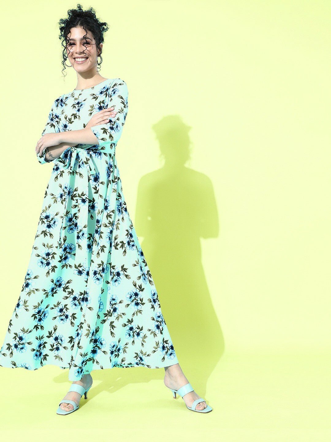 Folk Republic Women Green and Blue Floral Printed Round Neck Tie-Waist Maxi Dress - #folk republic#