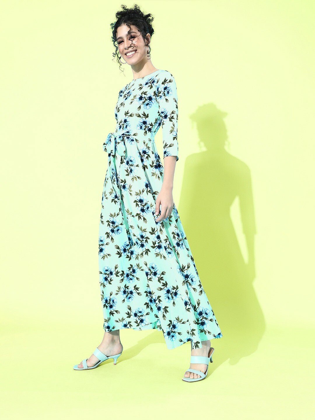 Folk Republic Women Green and Blue Floral Printed Round Neck Tie-Waist Maxi Dress - #folk republic#