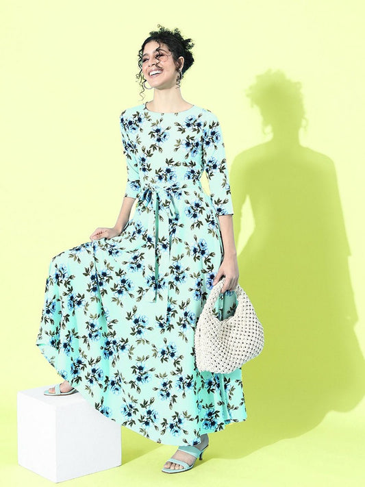 Folk Republic Women Green and Blue Floral Printed Round Neck Tie-Waist Maxi Dress - #folk republic#