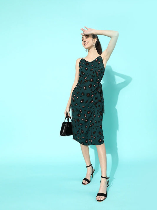 Folk Republic Women Green Animal Printed V-Neck Crepe Wrap Midi Dress - #folk republic#