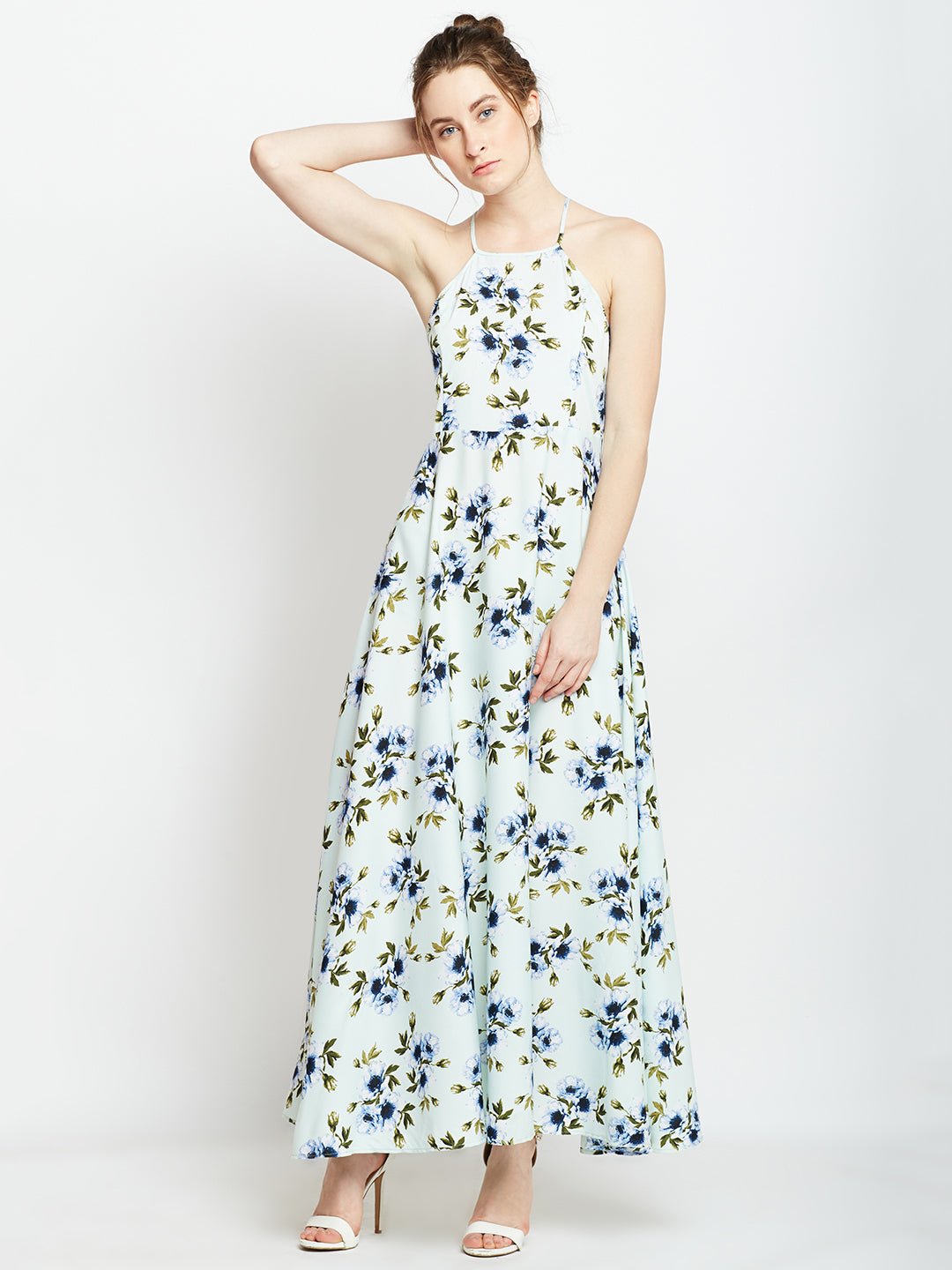 Folk Republic Women Green & Blue Floral Printed Halter Neck Open Back Flared Maxi Dress - #folk republic#