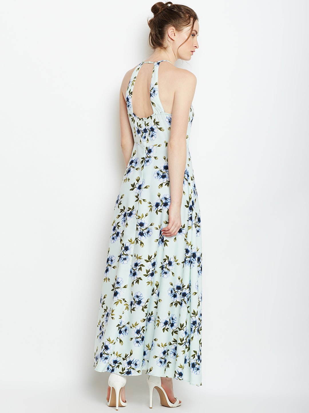 Folk Republic Women Green & Blue Floral Printed Halter Neck Open Back Flared Maxi Dress - #folk republic#