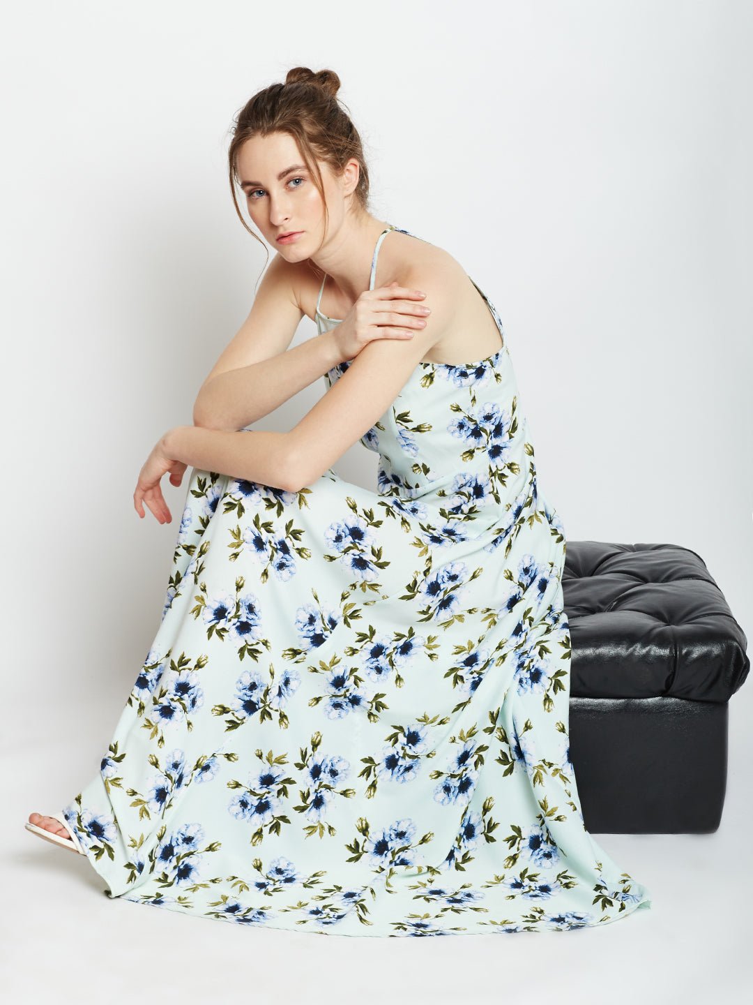 Folk Republic Women Green & Blue Floral Printed Halter Neck Open Back Flared Maxi Dress - #folk republic#