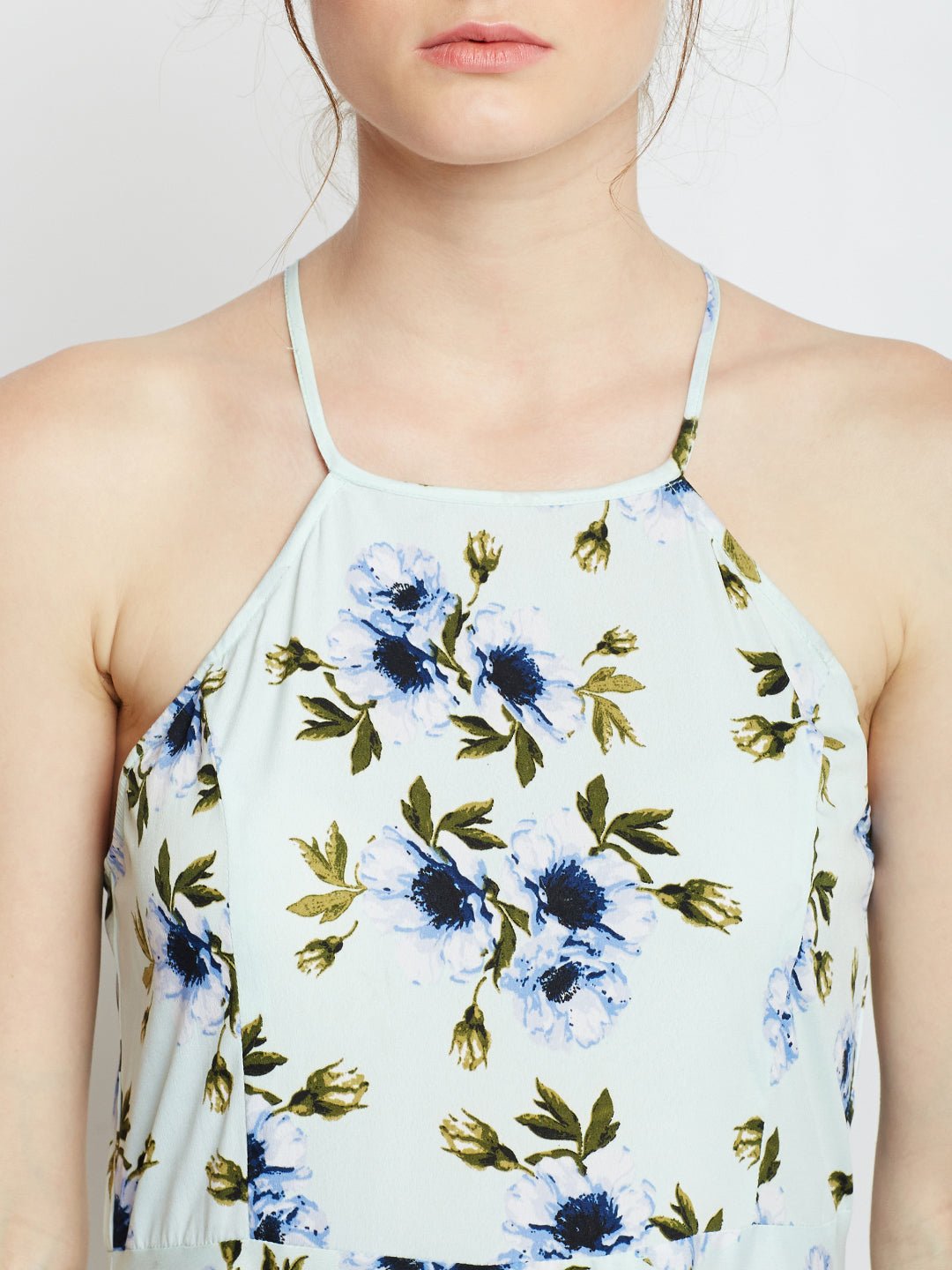 Folk Republic Women Green & Blue Floral Printed Halter Neck Open Back Flared Maxi Dress - #folk republic#