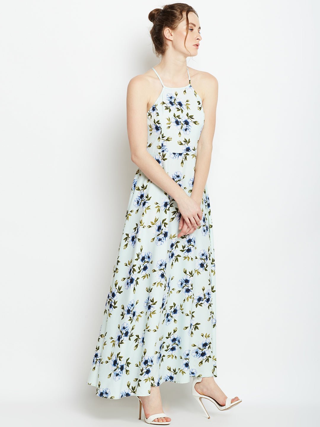 Folk Republic Women Green & Blue Floral Printed Halter Neck Open Back Flared Maxi Dress - #folk republic#