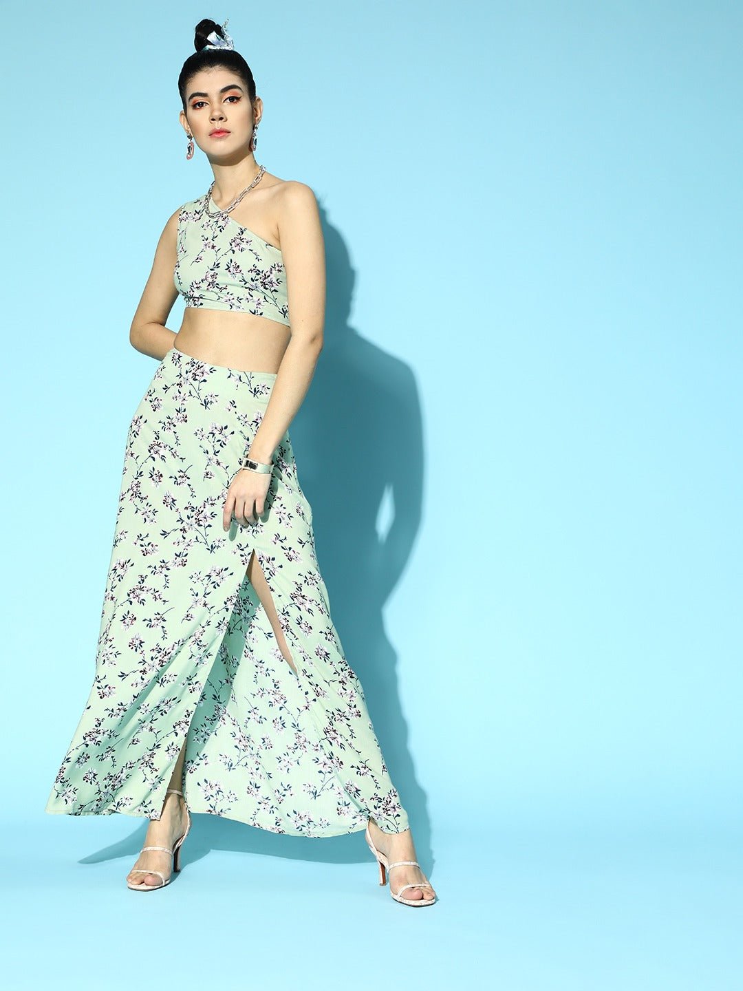 Folk Republic Women Green & Blue Floral Printed One-Shoulder Neck Thigh-High Slit Maxi Co-Ordinate Set - #folk republic#