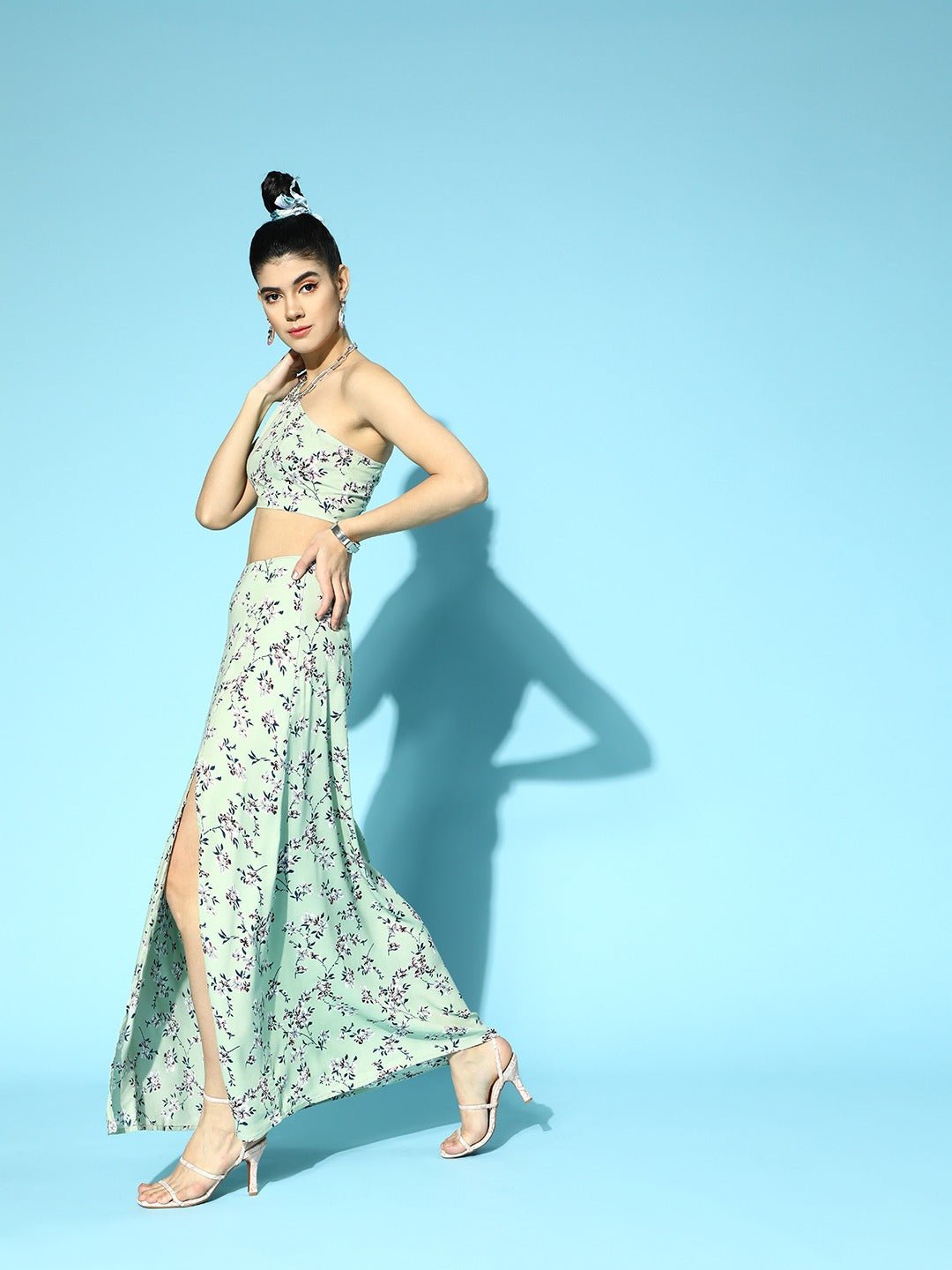 Folk Republic Women Green & Blue Floral Printed One-Shoulder Neck Thigh-High Slit Maxi Co-Ordinate Set - #folk republic#