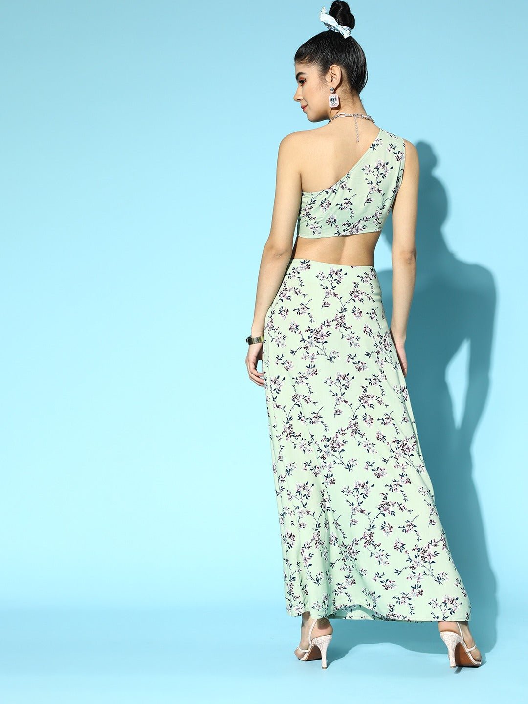 Folk Republic Women Green & Blue Floral Printed One-Shoulder Neck Thigh-High Slit Maxi Co-Ordinate Set - #folk republic#
