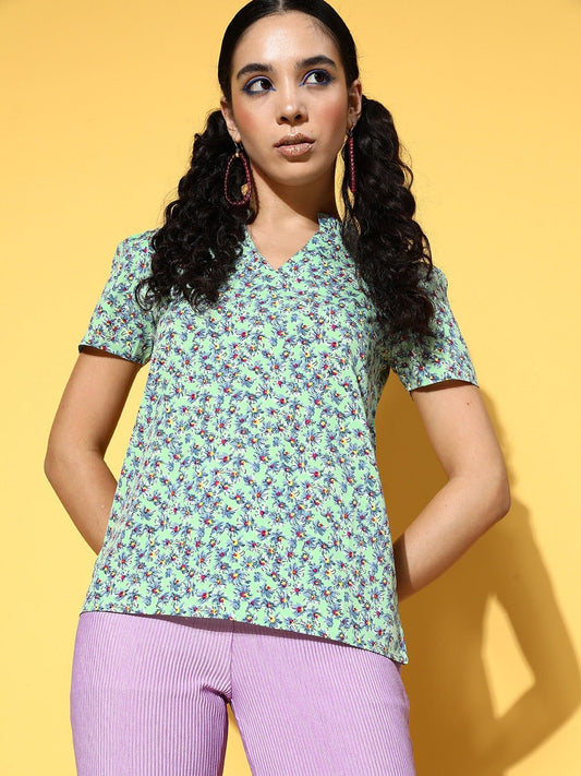 Folk Republic Women Green & Blue Floral Printed V-Neck Puff Sleeve Woven Regular Top - #folk republic#