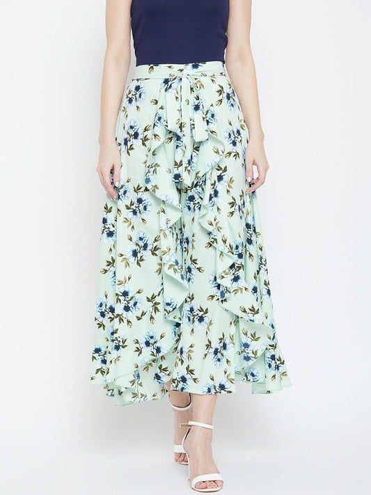 Folk Republic Women Green & Blue Floral Printed Waist Tie-Up Flared Maxi Skirt - #folk republic#