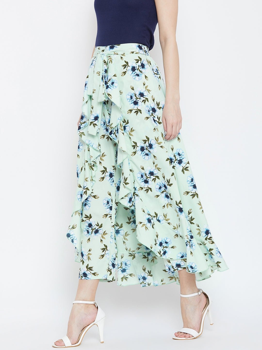 Folk Republic Women Green & Blue Floral Printed Waist Tie-Up Flared Maxi Skirt - #folk republic#